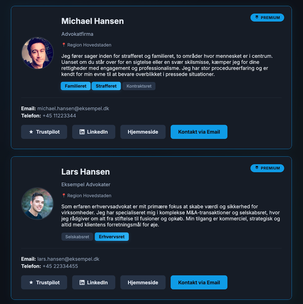 Eksempel på søgning efter advokat i Danmark